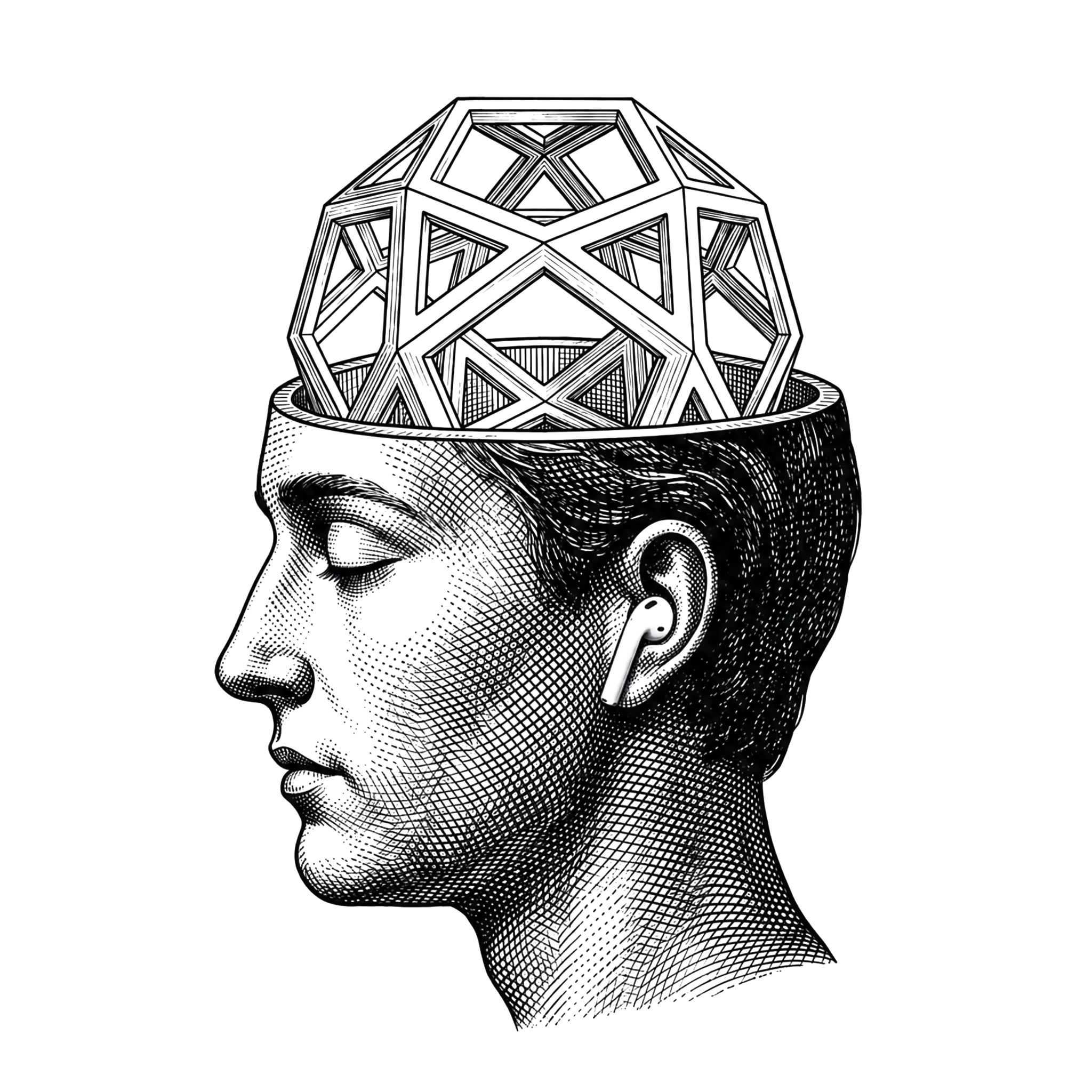 Figura humana de perfil, com o crânio aberto e um poliedro em wireframe dentro